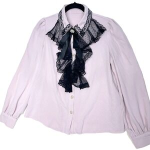 Pink Blouse M Black Lace Jabot Pearl Button Long Sleeve Victorian Coquette